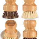 Bamboo Scrub Brush Clean Pan, Dish and Vegetable, Natural Bristles Palm Pot Brush 4 Pack Round Mini Dish Brush with Ceramic Holder for Kitchen Sink Cleaning