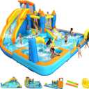 Inflatable Water Slide Park, 12-in-1 Water Bounce House with Big Splash Pool & Deep Pool, Basketball, Ring Toss, Target Game - 19X17.7FT Blow Up Water Slide for Big Kids 3-12 Outdoor Backyard, 228*212*96Inches