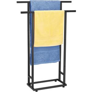 Standing Towel Racks for Bathroom, 2 Tier Bathroom Floor Free Standing Towel Rack, Tall Enough Pool Bath Drying and Display Outdoor Stand for Storage, Black Freestanding Blanket Holder, ALHAKIN