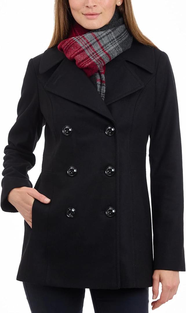 Double Breasted Peacoat with Scarf (Large, Black)