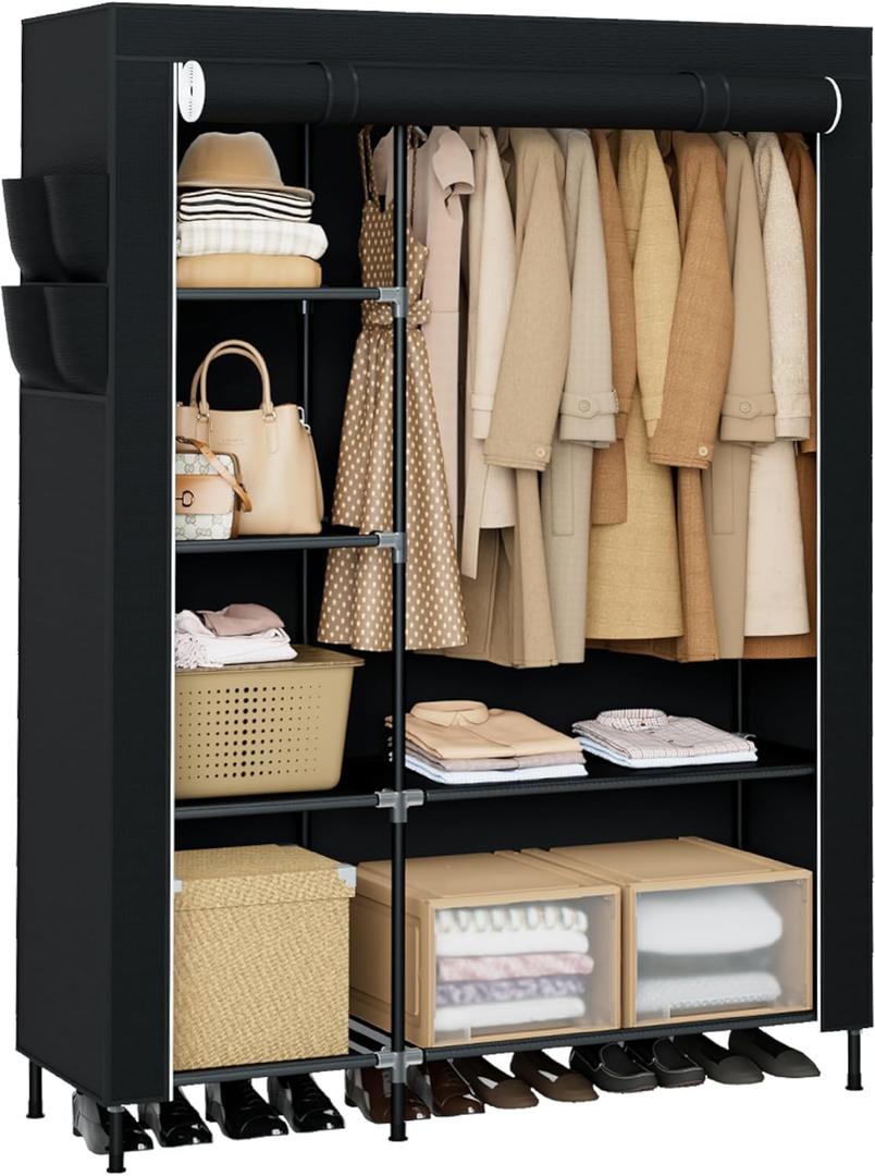 Portable Closet, 48 Inch Large Capacity Wardrobe Closet, Clothes Storage Organizer with Shelves and Hanging Rod, Easy to Assembly, Black PCT221B01