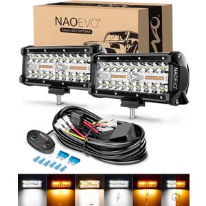 NAOEVO 7 Inch LED Light Bar, White Amber Offroad Fog/Driving Lights LED Pods with Strobe/Memory Function, 2 Leads Wiring Harness Included, Work for Truck Boat ATV UTV, 2-Pack (6 Modes)