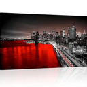 LevvArts Large New York City Wall Art Brooklyn Bridge Night View Picture Canvas Print Black and Red City Poster Painting Modern Home Office Living Room Decoration 24"x48" (Red)