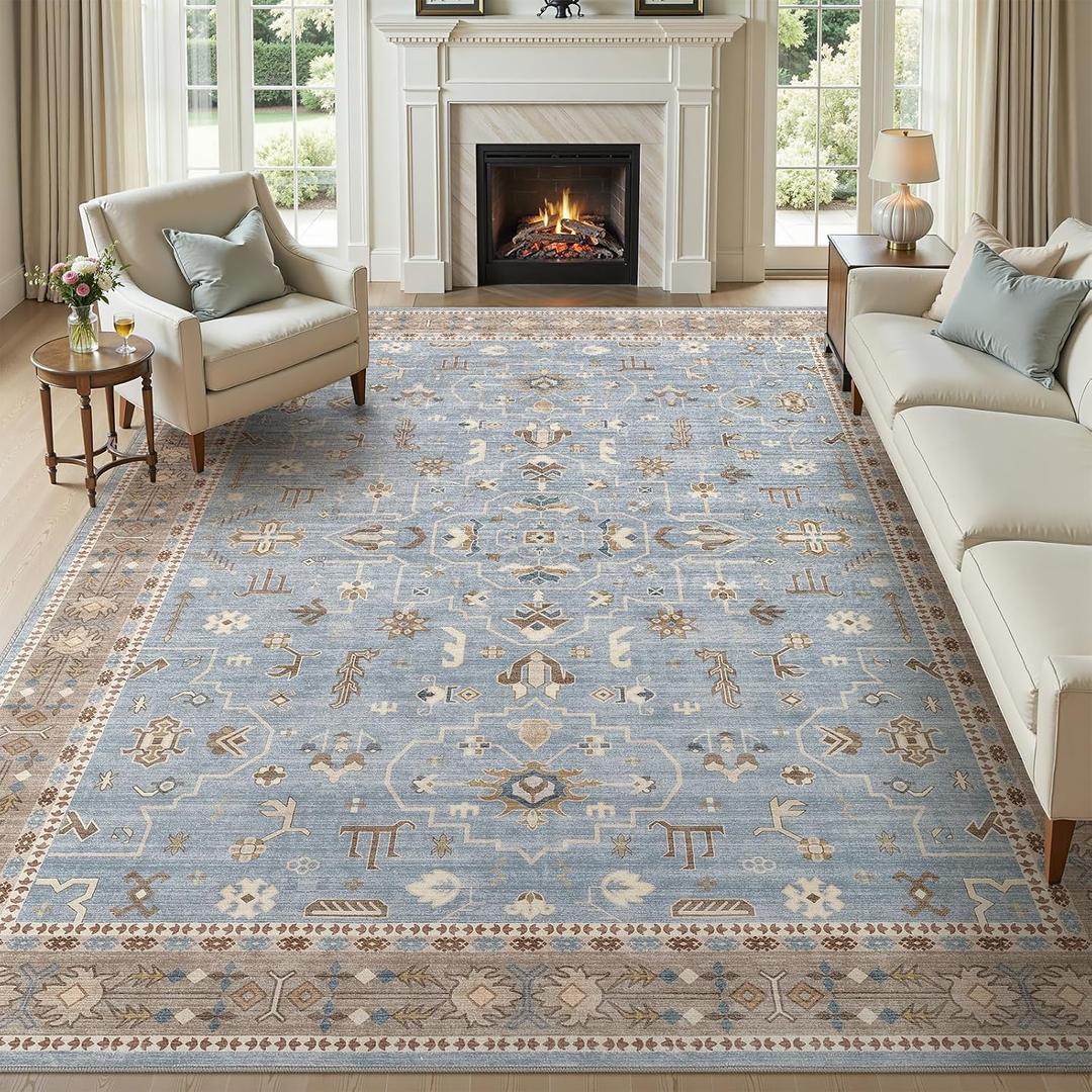 WITSHOCK 8x10 Area Rugs for Living Room, Washable Non Slip Rugs for Bedroom Dining Room Office, Soft Low Pile Stain Resistant Oriental Distressed Vintage Carpet for Farmhouse Home Decor - Blue&Brown