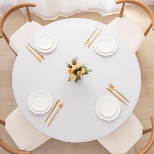 UMINEUX Round Fitted PEVA Vinyl Tablecloth with Elastic Edged & Flannel Backing, Waterproof Wipeable Round Table Cover for Indoor Outdoor Patio Use - Fits Tables up to 40"-44" Dia. (White)
