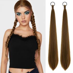 Light Brown Ponytail Extension with Hair Tie DIY Braided Ponytail Extension for Woman 2 PCS Warp Around Yaki Straight Sleek Hairpieces Light and Soft Fluffy Stayle Ponytail for Women Daily Party Use