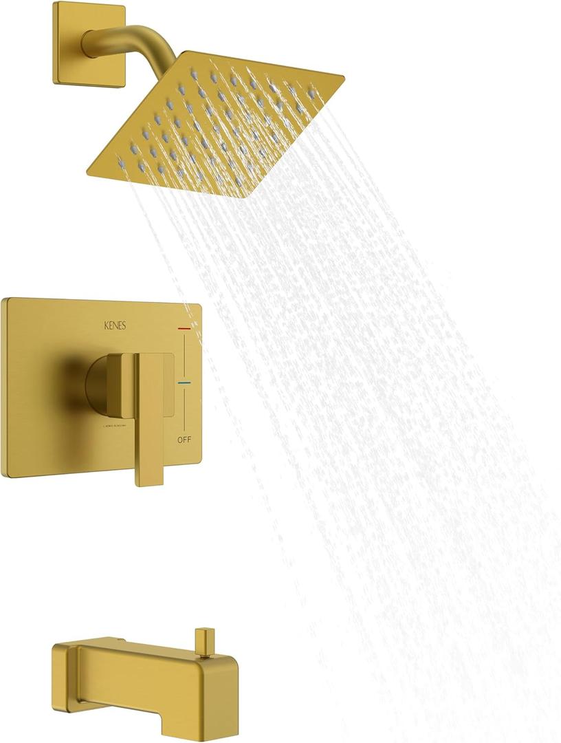 KENES Brushed Gold Tub and Shower Trim Kit, Square Tub Shower Faucet Set Complete with 6-Inch Rainfall Shower Head and Tub Spout, KE-6025A-4 (Shower Valve Included)
