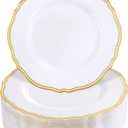 Hioasis 60pcs Gold Plastic Plates - White and Gold Disposable Dinnerware with Gold Rim, Heavy-duty, 7.5 inch, Dessert Plates for Party & Thanksgiving