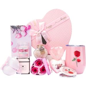 Mothers Day Gifts Box, Pink Rose SPA Gift Basket for Women, Mom Birthday Gifts, Heart-Shaped Relaxing Bath Set with Tumbler, Best Gift for Mom, Wife, Love You Anniversary Present