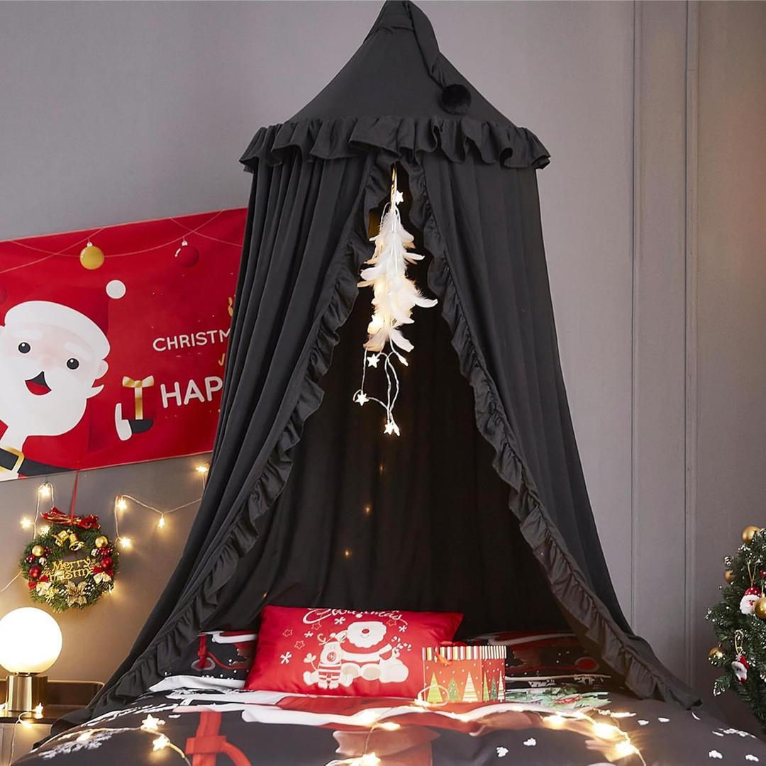 VETHIN Bed Canopy for Girls,Princess Round Dome Dreamy Mosquito Net Bedding Girls Room Castle Play Tent Hanging House Decor Reading Nook Canopies (Black)