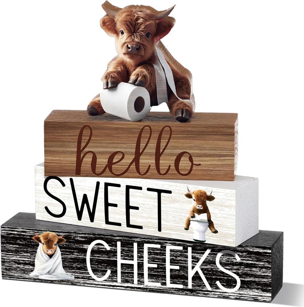 4 Pcs Christmas Highland Cow Bathroom Decor Farmhouse Bathroom Decoration Western Hello Sweet Cheeks Table Centerpiece