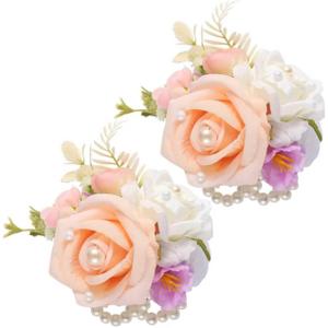 Wrist Corsage and Boutonniere Set, Artificial Rose Corsage Wristlet and Boutonniere for Wedding Prom Party (Champagne, 2pcs Wrist Corsage)