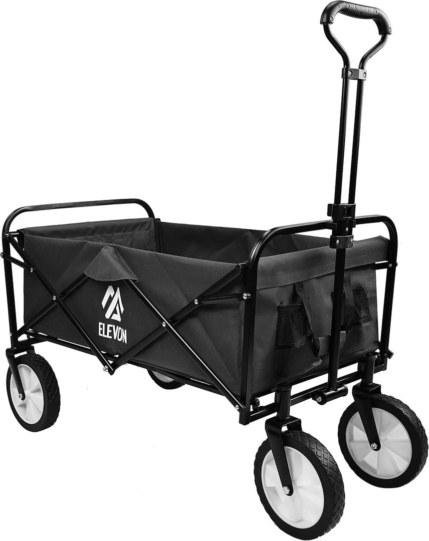 Elevon Heavy Duty Steel Frame Collapsible Folding 150 Pound Capacity Outdoor Camping Garden Utility Wagon Yard Cart, Black
