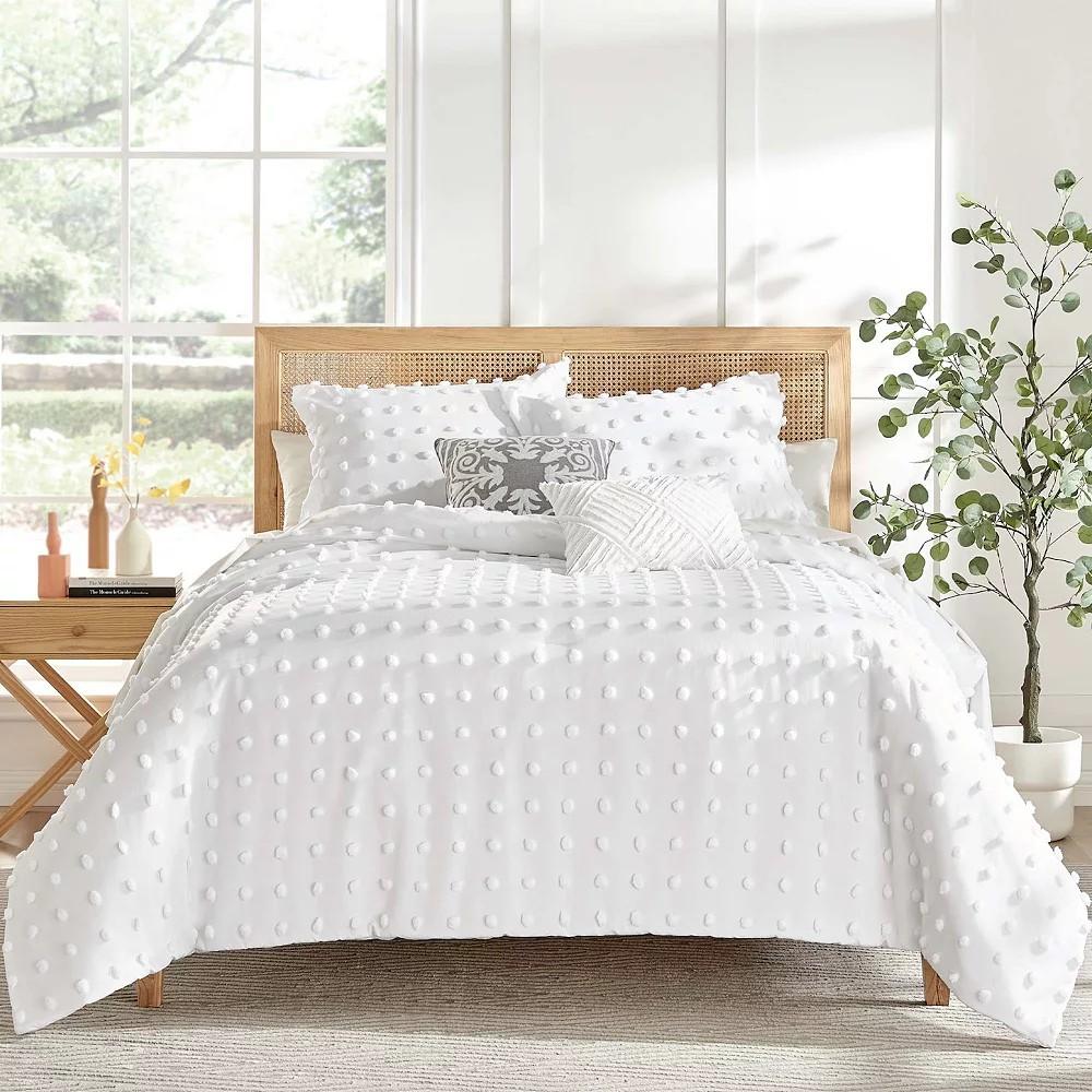 Flysheep Tufted Dots Ruffle Duvet Cover Set King Size, 3 Pieces Vintage Farmhouse Shabby Chic Ruffled Duvet Cover with Zipper Closure, Luxury Jacquard Boho Bohemian Bedding Set (White, King)