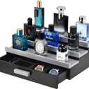 Perfume Organizer for Men, 3 Tier Wood Perfume Display Stand with Velvet Lining Drawer and Hidden Compartment for Watch,Jewelry,Perfume Display Risers,A Gift for Men (Black+Gray)