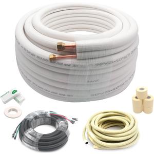 TAUROX 50FT Mini Split Line Set 1/4" & 1/2" O.D Copper Pipes Tubing and 3/8" White Thickened PE Insulation Coil, for Mini Split Air Conditioning or Heating Pump Equipment and HVAC with Flared Nuts.