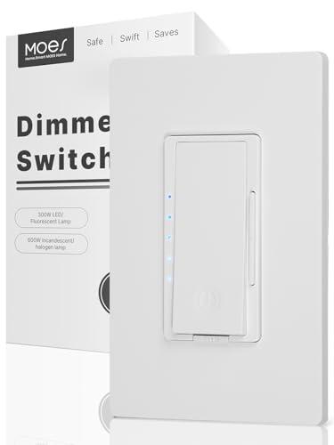 MOES Digital Dimmer Light Switch, 3 Way & Single Pole Dimmable Switches for LED, CFL, Incandescent, Halogen, 600Watt Max, No Neutral Wire Required, ON/Off Switch with Dimming Buttons