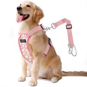 VavoPaw Dog Seat Belt, Safety Vest Dog Car Harness with Adjustable Buckle Dog Seat Belt for Vehicle Nylon Pet Safety Seat Belts Heavy Duty(L, Pink Daisy)