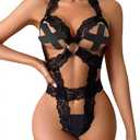 Avidlove Sexy Lingerie for Women Lace See Through Bodysuit Deep V Neck Teddy Lingerie One Piece Exotic BabyDoll (Black, XXL)