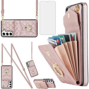 Asuwish Phone Case for Samsung Galaxy S22 5G Wallet Cover with Tempered Glass Screen Protector and Crossbody Wrist Strap Ring RFID Blocking Card Holder TPU Cell S 22 22S 4G G5 6.1 inch Women Rose Gold