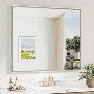 Keonjinn 42 x 36 Inch Brushed Nickel Bathroom Mirrors for Over Sink, Beveled Rectangle Framed Mirrors for Wall, Farmhouse Bathroom Vanity Mirror, Square Corner, Hangs Horizontally or Vertically