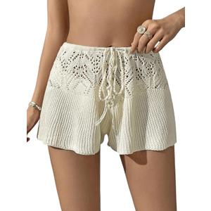 Verdusa Women's Hollow Out Crochet Beach Cover Up Knit Loose Wide Leg Shorts (Large, Beige)