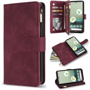 ZZXX for Google Pixel 6A Case Wallet with RFID Blocking Card Slot Premium Soft PU Leather Zipper Flip Folio with Wrist Strap Kickstand Protective Cover for Pixel 6A Wallet Case(6.1 inch Wine Red)