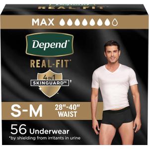 Depend Real Fit Adult Diapers, Incontinence Underwear for Men, Disposable, Maximum Absorbency, Small/Medium, Black, 56 Count (2 Packs of 28), Packaging May Vary