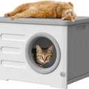 Outdoor Cat House Weatherproof&Insulated,Plastic Waterproof Elevated Cat Shelter Stackable Pet House Cat Wave for Outdoor Indoor Use with Bed CushionGrey