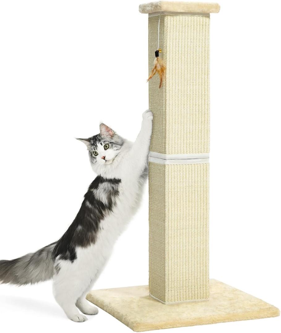 Made4Pets Cat Scratching Post, 32 Inch Natural Sisal Cat Scratcher with Kitten Toy, Tall Scratching Post for Indoor Cats Adults and Kittens, Beige