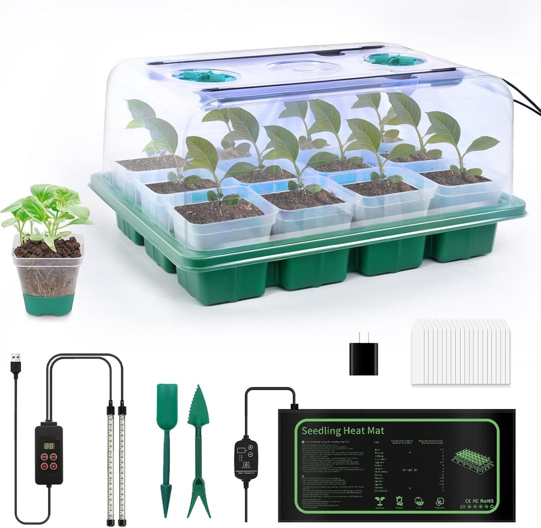 joyhalo 12 Cell Seed Starter Kit with Grow Light and Graphene Heating Mat, Reusable Seed Starter Tray with Higher 4.7Humidity Domes and Large Clear Silicone Base Nursery Pots
