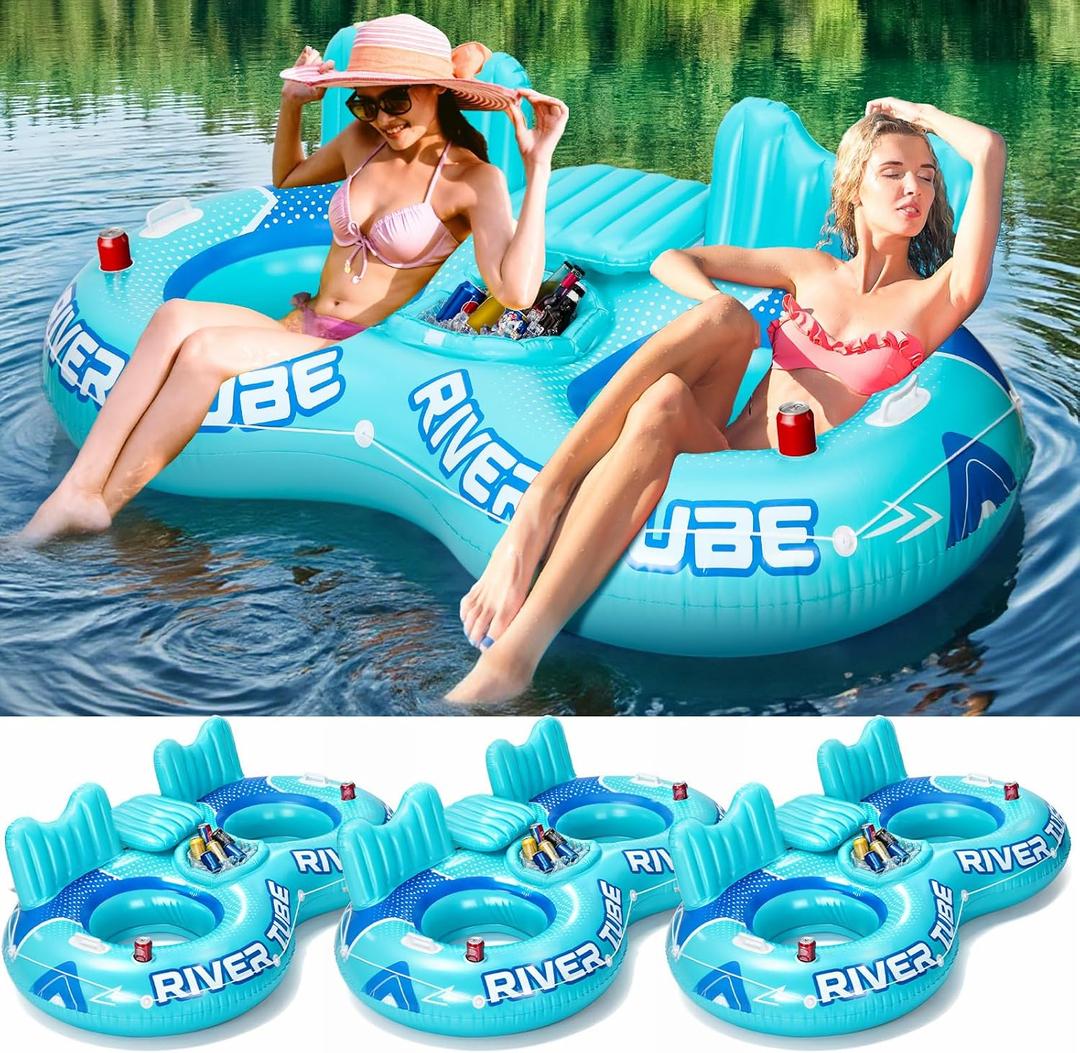 Pcs Inflatable River Tube Float, 2 Person Heavy Duty Pool Float with Built in Cooler, Ergonomic Backrest and Cup Holders for Adults, Lake Water Tubes for Floating Summer Relaxation, 90 x 49"