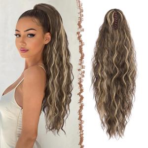 FESHFEN Claw Clip Ponytail Extensions, Long Pony Tail Hair Piece Wavy Curly Synthetic Hairpieces for Women, Chestnut Brown Mixed Ash Blonde 26 inch