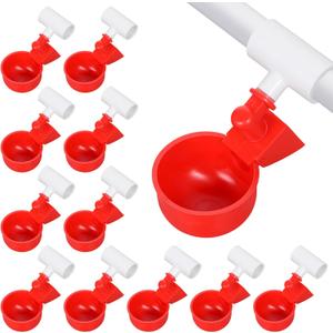 12Pack Large Chicken Feeder and Waterer Set, Automatic Chicken Water Cups with Tee, Poultry Feeder Watering Cups for Ducks,Chicks, Turkeys, Quail, Bunny, Bird(Red, White)