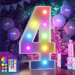 imprsv 3FT Colorful Marquee Numbers,18 Colors with Remote, Light Up Numbers 4 for 4th 40th Birthday Decorations Anniversary Party Decor, Pre-Cut Foam Board Kit, Mosaic Sign for Balloon