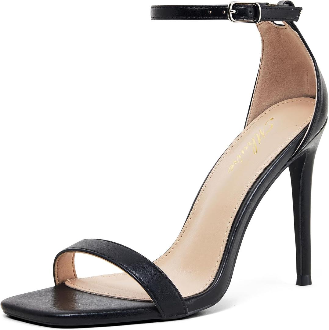 Stylish 4 IN Square Open Toe Ankle Strap Stiletto Heels for Women Plain Trendy Strappy Heeled Sandals (8, Black)