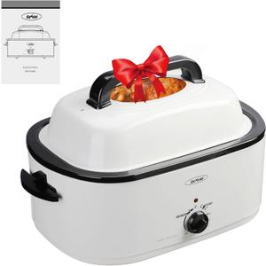 Sunvivi Roaster Oven, Electric Roaster Oven with Viewing Lid, 28lb 24-Quart Turkey Roaster with Unique Defrost/Warm Function, Large Roaster with Removable Pan & Rack, Stainless Steel, White