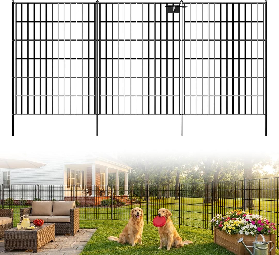 Toolterritary 10 Panels No Dig Decorative Garden Fence with Gate, 40in(H) x 25ft(L), Dog Fence Outdoor for Yard - Rustproof Metal Animal Barrier Fencing for Patio, Flower Bed, Ideal for Dogs, Rabbits