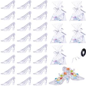 Yaomiao 80 Pcs Mini Crystal Princess Slippers Plastic High Heel Shoe Decoration,100 Clear Pockets with Letter Ribbon, Candy Gift Supplies for Party Wedding Birthday Table Serving Decorations, 3.74''