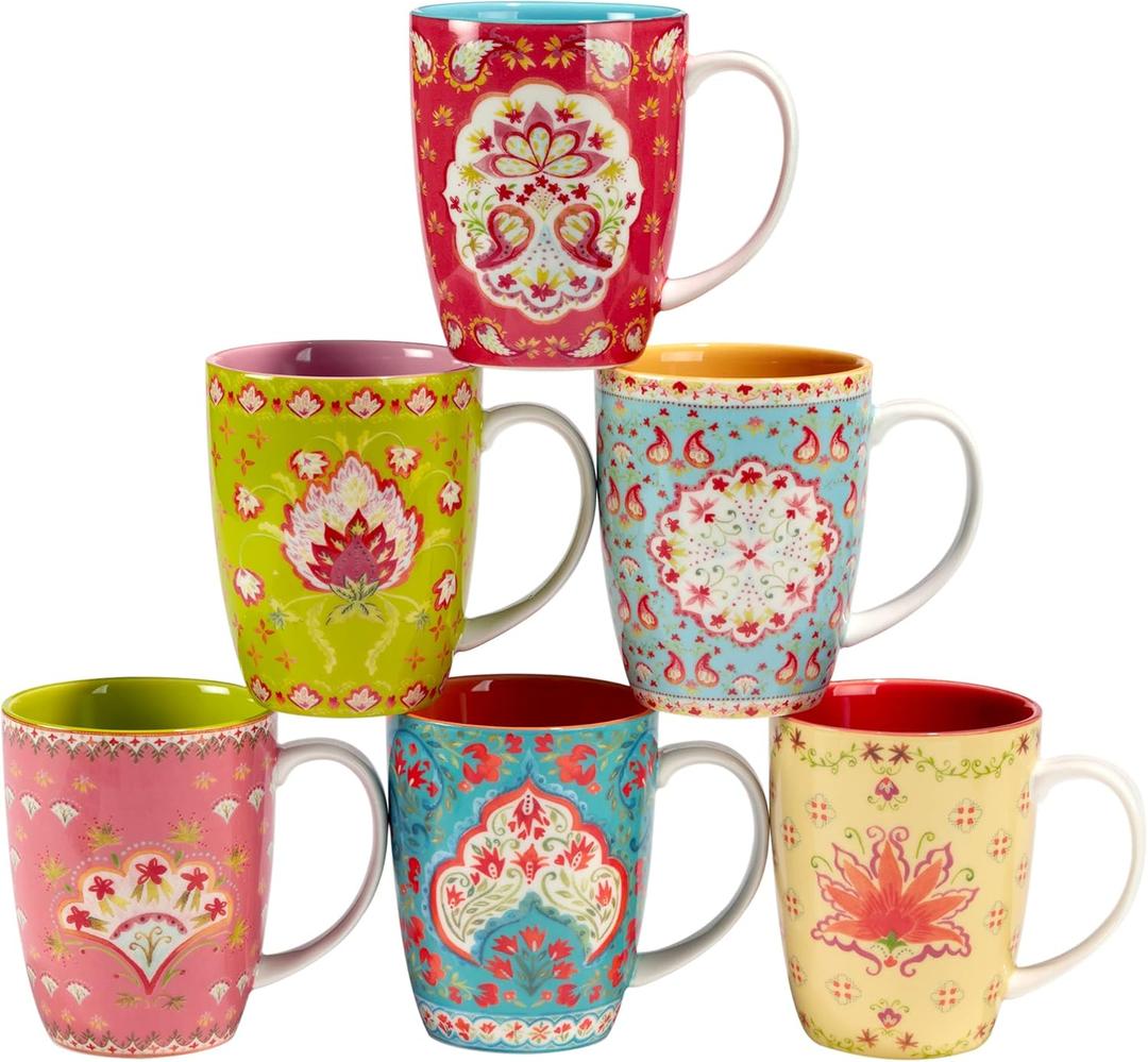 Francesca 14 oz. Porcelain Mugs  Set of 6 Assorted Floral-Inspired Designs  Microwave & Dishwasher Safe  Vibrant, Durable Coffee Cups for Tea, Hot Cocoa, Lattes, or Everyday Use in Style