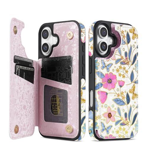 NNH Compatible with iPhone 16 Plus Wallet Case with RFID Blocking Card Slots Folio Flip PU Leather Kickstand Double Magnetic Clasp Design Cover for iPhone 16 Plus(6.7 inch-Colorful Butterfly Flowers)