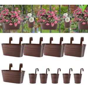 Metal Iron Flower Pots for Railing Fence Hanging Bucket Pots(5 Pcs) and Hanging Flower Pots Metal Iron Bucket Planter(10 Pcs) (Bronze)