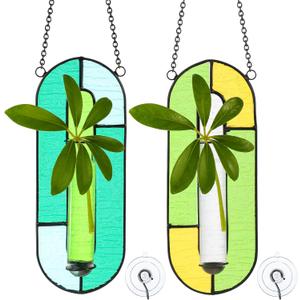 2 Sets Window Propagation Stations Stained Glass Plant Propagation Station with Glass Tubes and Chain Hanging Terrarium Wall Plant Holder Decor for Living Room Window