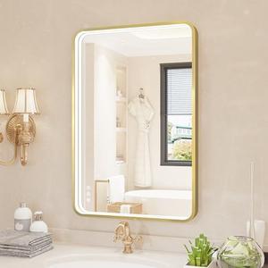 Twalsu LED Bathroom Mirror with Lights, 24x36 Inch Gold Metal Framed LED Mirror for Bathroom, 3 Colors and Stepless Dimmable Wall Mounted Lighted Bathroom Vanity Mirror, Anti-Fog, Memory