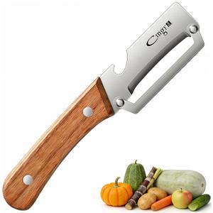 2 x Multi-Functional Vegetable Peeler,2.5mm Stainless Steel Peeler Knife with Ergonomic wooden Handle & Bottle Opener,2 in 1 kitchen Tool for Fruit Apple,Potatoes, Sugar Cane (Silver/Burlywood)