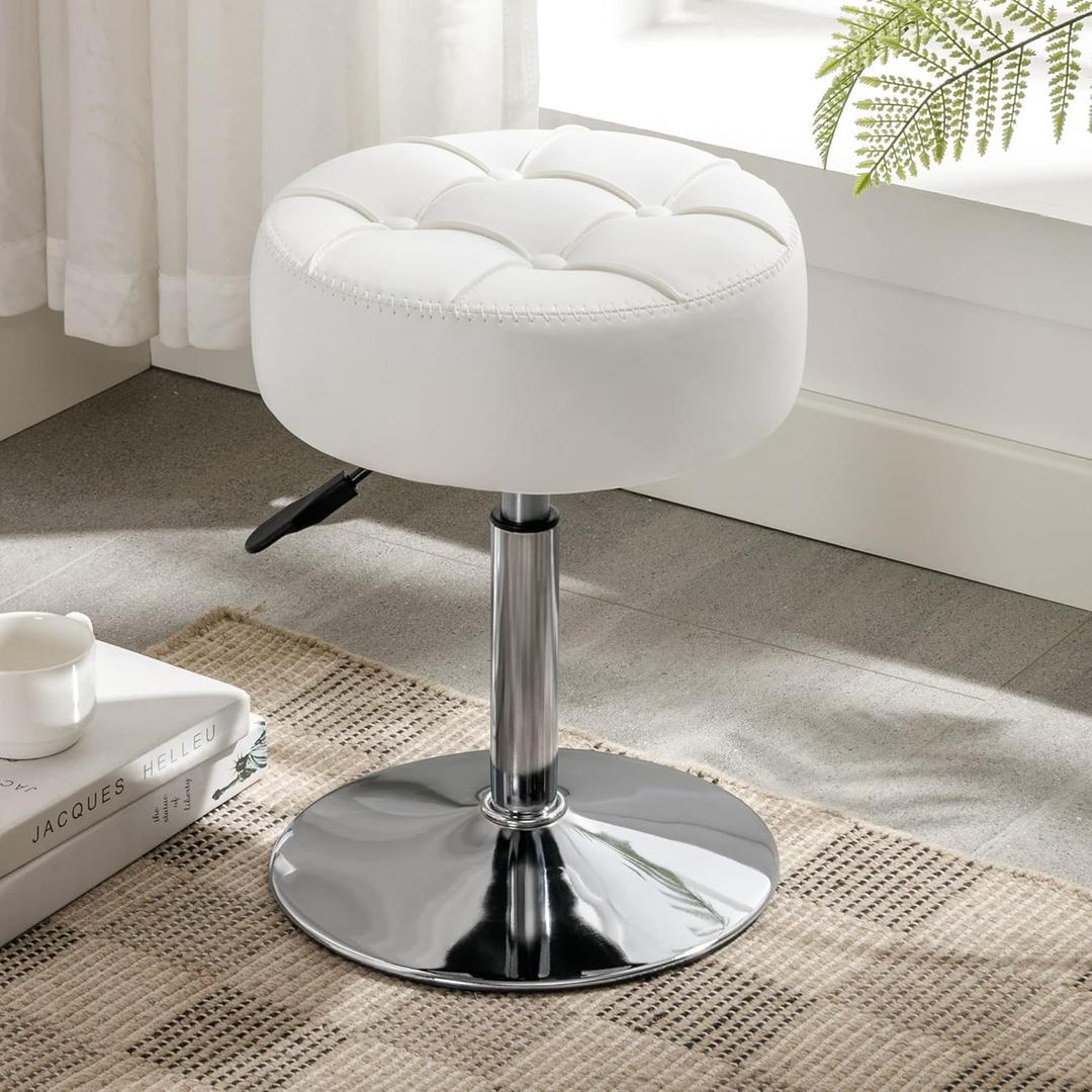 LUE BONA Adjustable Vanity Stool, 360 Swivel Chair for Makeup Room, White Faux Leather Stool for Bathroom & Living Room