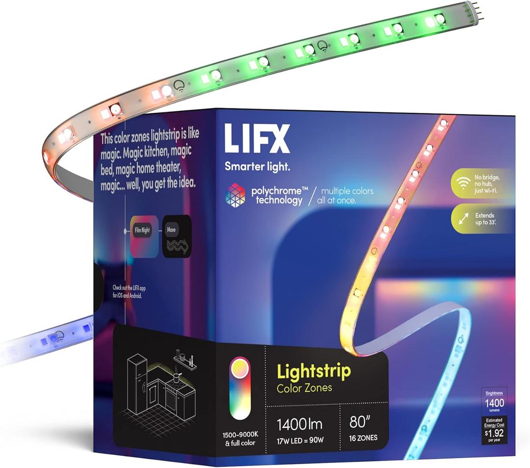 LIFX Smart WiFi Light Strip 6.6ft (Polychrome Multicolor, 8 Addressable Zones) Cuttable & Extendable Up to 32.8ft, Works with Alexa, Google Home & Siri, LED Strip Kit with Controller & Power Supply