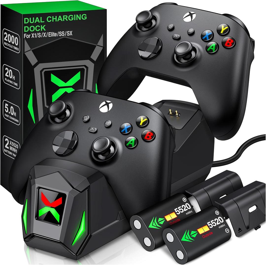 Upgraded Controller Charger Station with 2x5520mWh Rechargeable Battery Packs for Xbox One/Series X|S, Dual Charging Dock with 4 Battery Covers (Black)