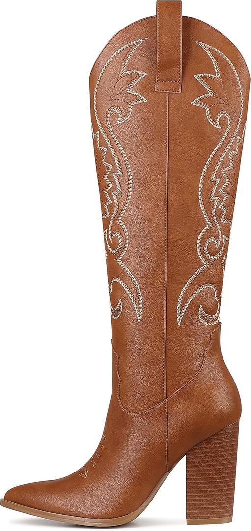 VOMIRA Knee High Cowboy Boots for Women Pointed Toe Chunky High Heels Pull-on Embroidered Boots Western Boots Wide Calf Cowgirl Boots (7, Brownpu)