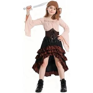 Verceco Pirate Medieval Renaissance Dress, Brown and Black Ruffled Skirt with Corset, Bell Sleeve Peasant Top, S